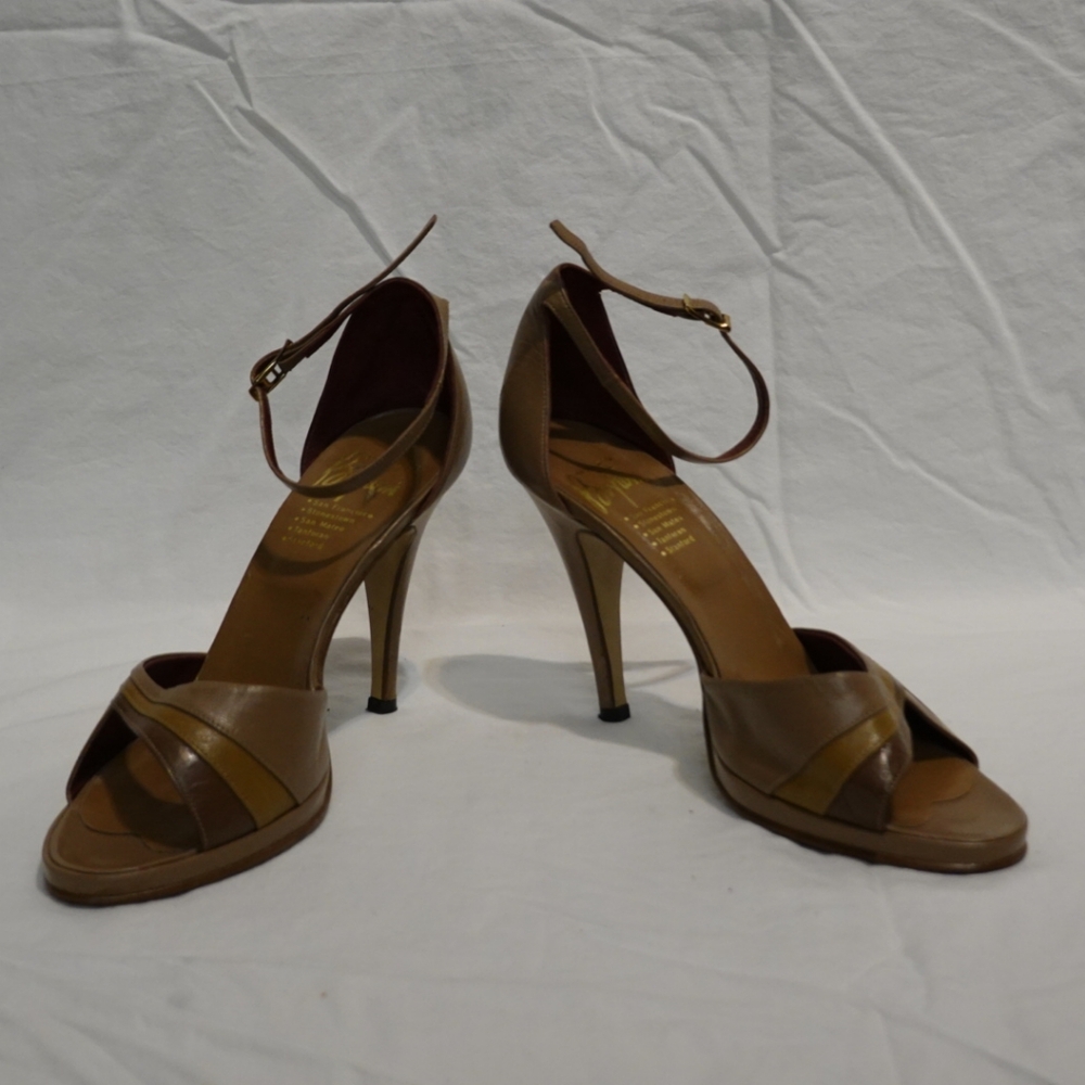 VINTAGE "Made in Italy for Byron's" Glam Multi-hued Brown Heeled Sandals, size 8 - Picture 2 of 11